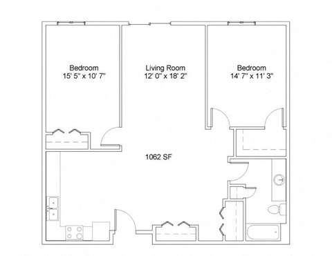 Floor plan for 2 beds, 1 bath, 1088 sqft